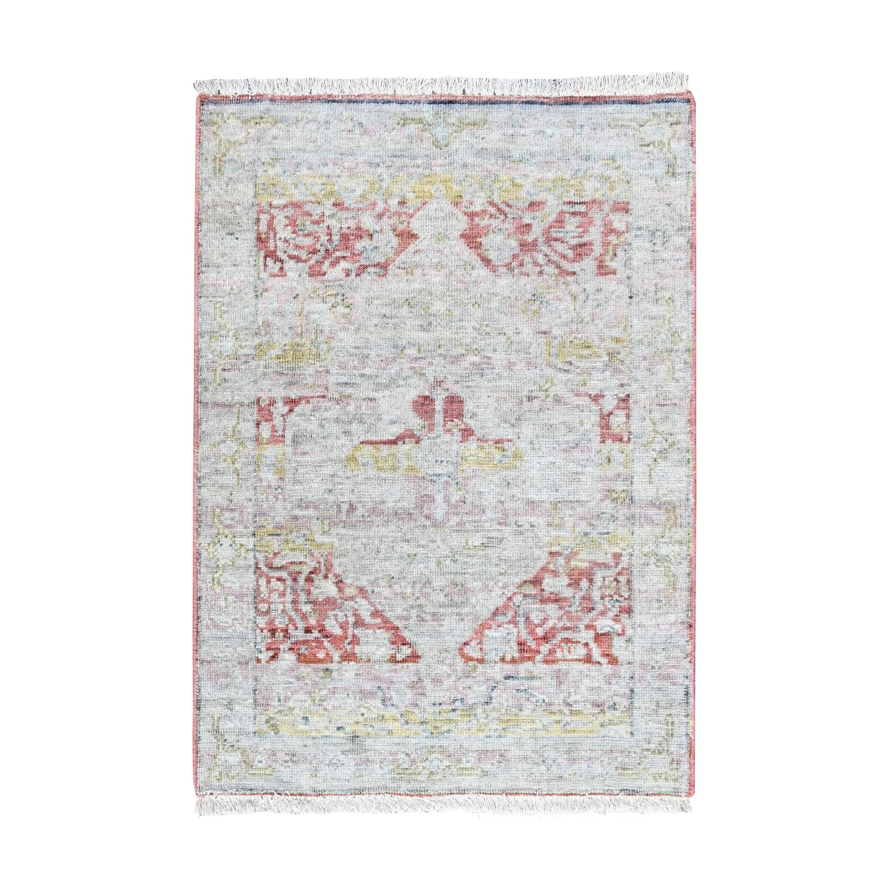 2'x3' Irish Cream White with Red, Ziegler Mahal with Medallion Design, Hand Knotted, Pure Wool, Zero Pile, Distressed, Distinct Abrash, Mat, Sample, Oriental Rug 